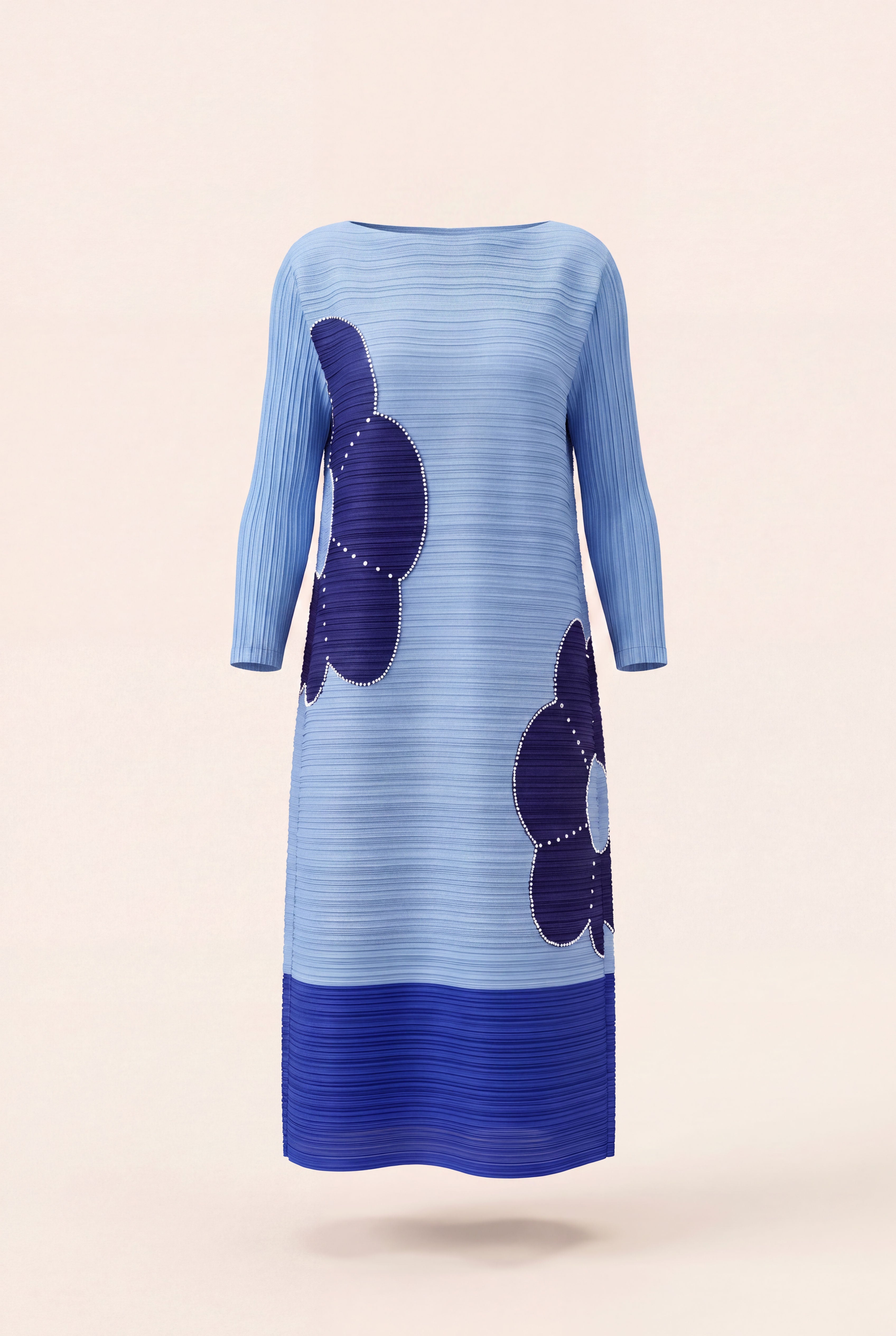 Janna Dress in Cobalt, a three quarter sleeve midi pleated stretch bouncy dress from By Mikaye