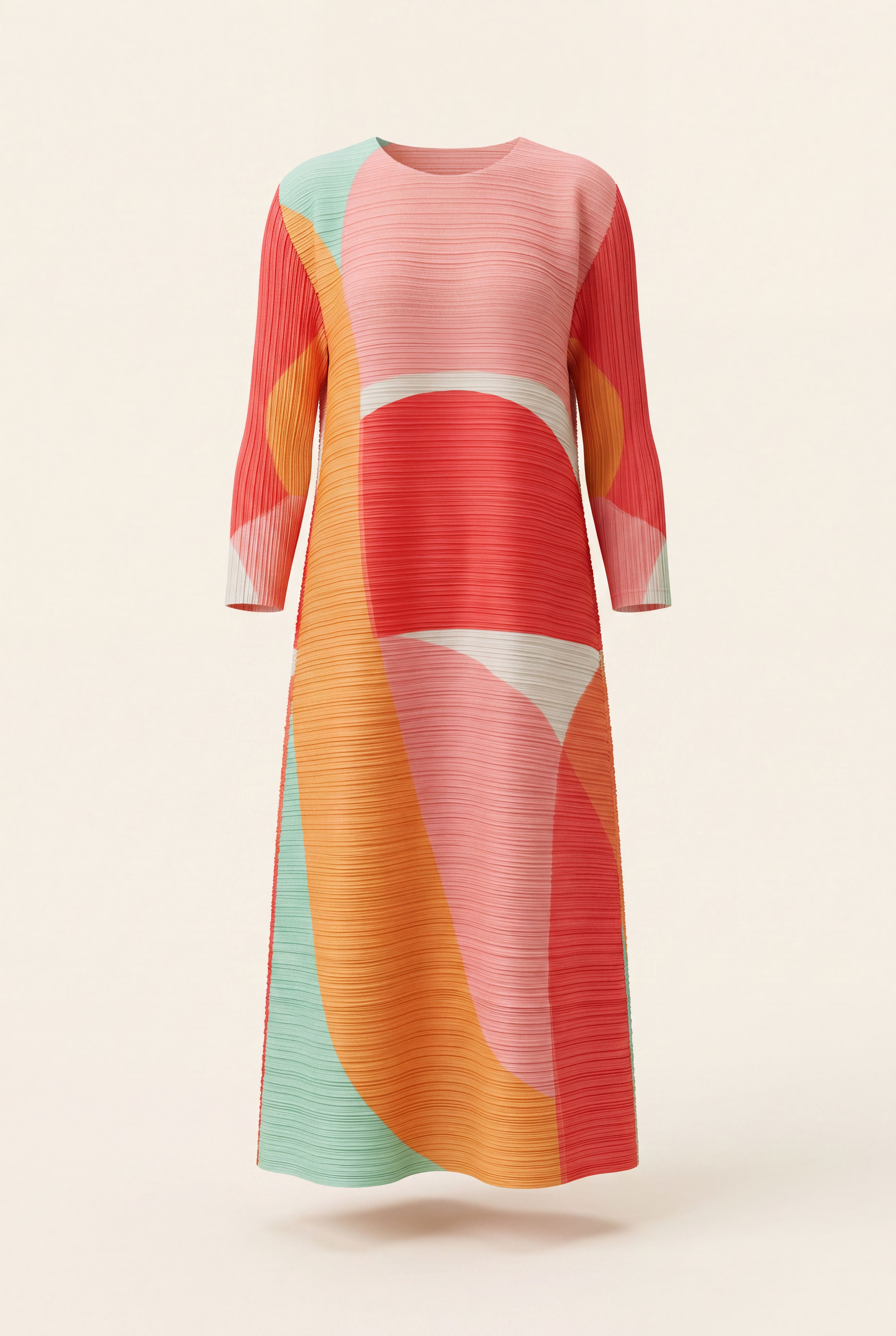 Peri Dress in Coral, a three quarter sleeve midi pleated stretch bouncy dress from By Mikaye