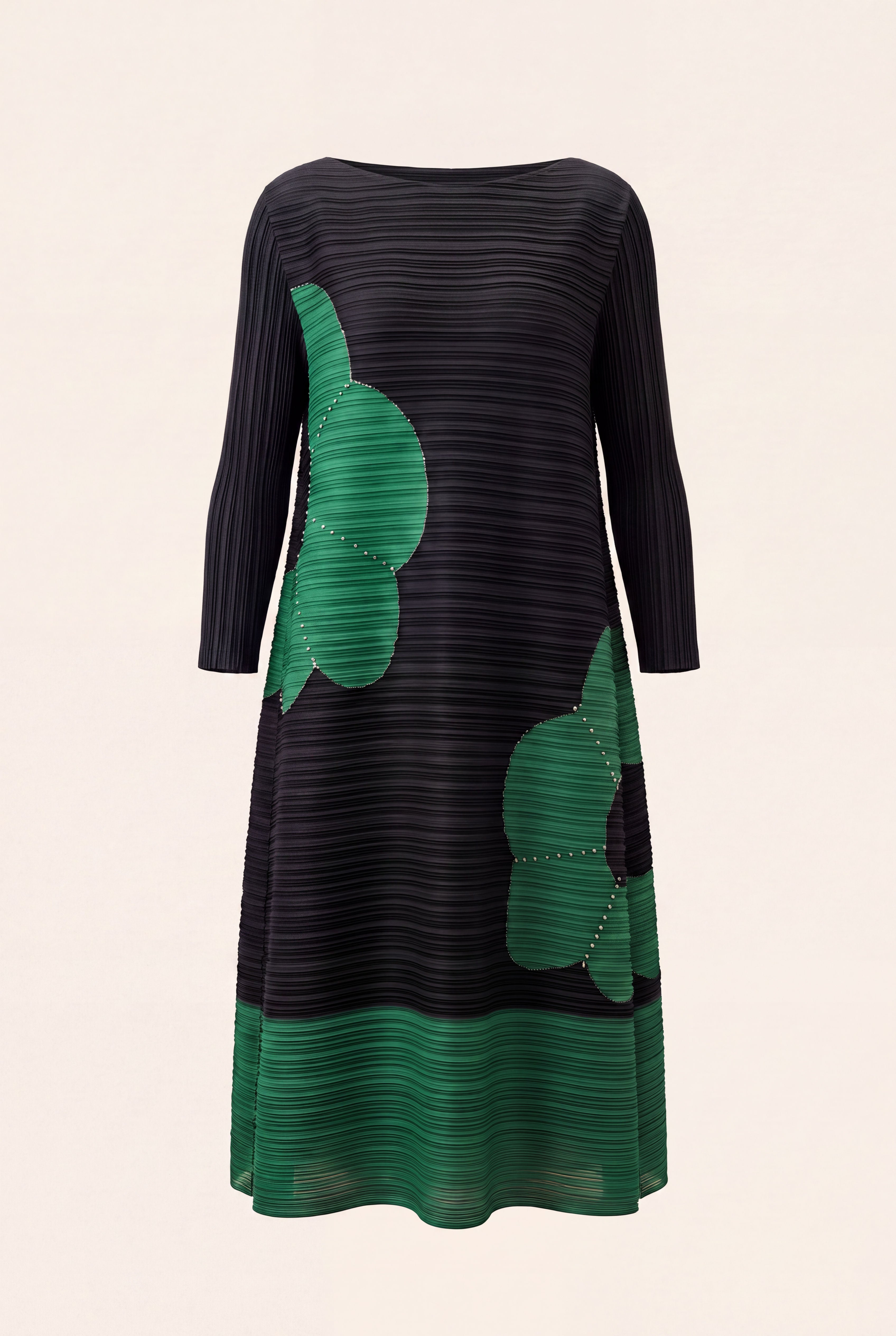 Janna Dress in Black Emerald, a three quarter sleeve midi pleated stretch bouncy dress from By Mikaye