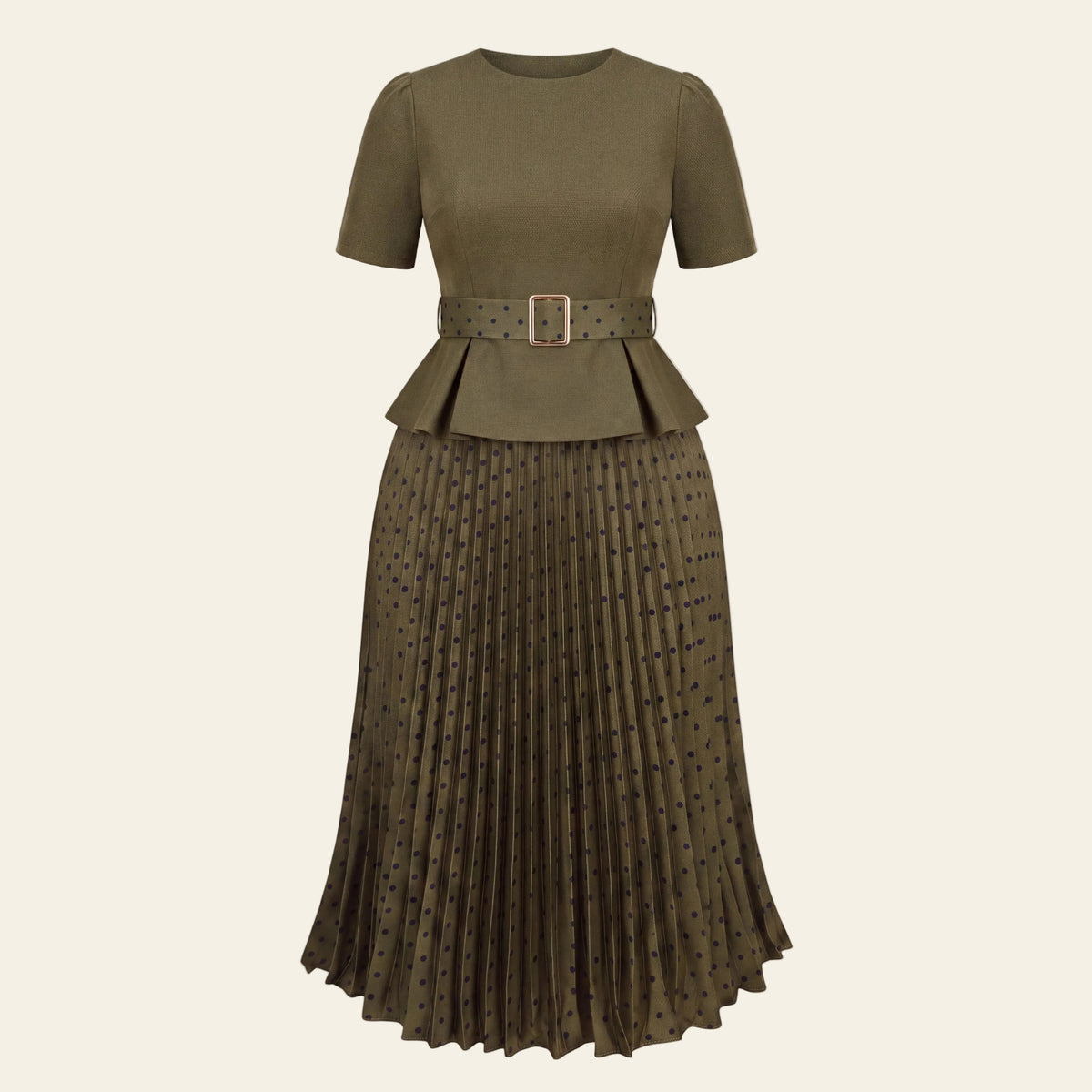 Olive Green Peplum Top & Polka-Dot Pleated Midi Skirt Set