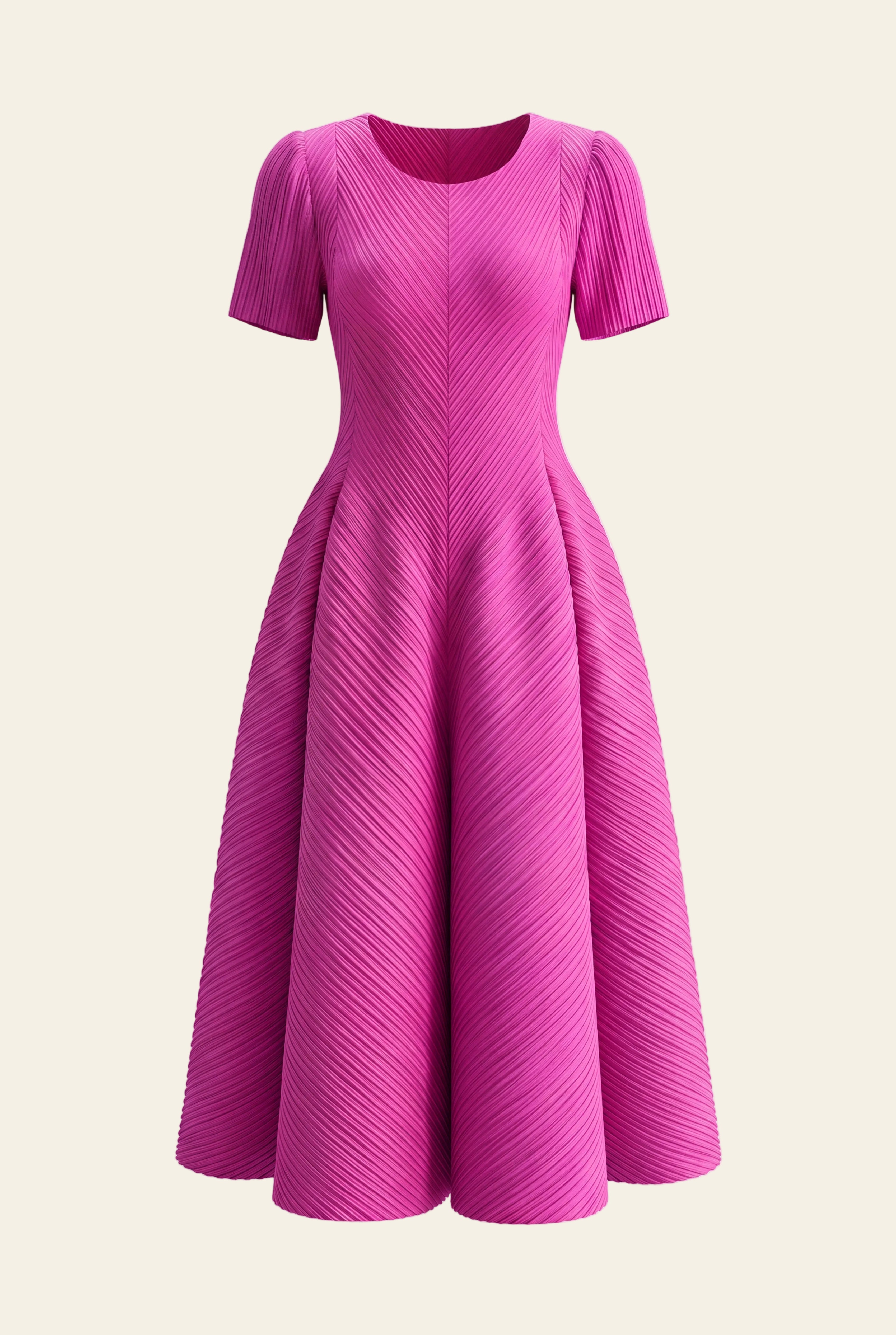 Bloom Dress in Fuchsia, a short sleeve maxi pleated stretch bouncy dress from By Mikaye