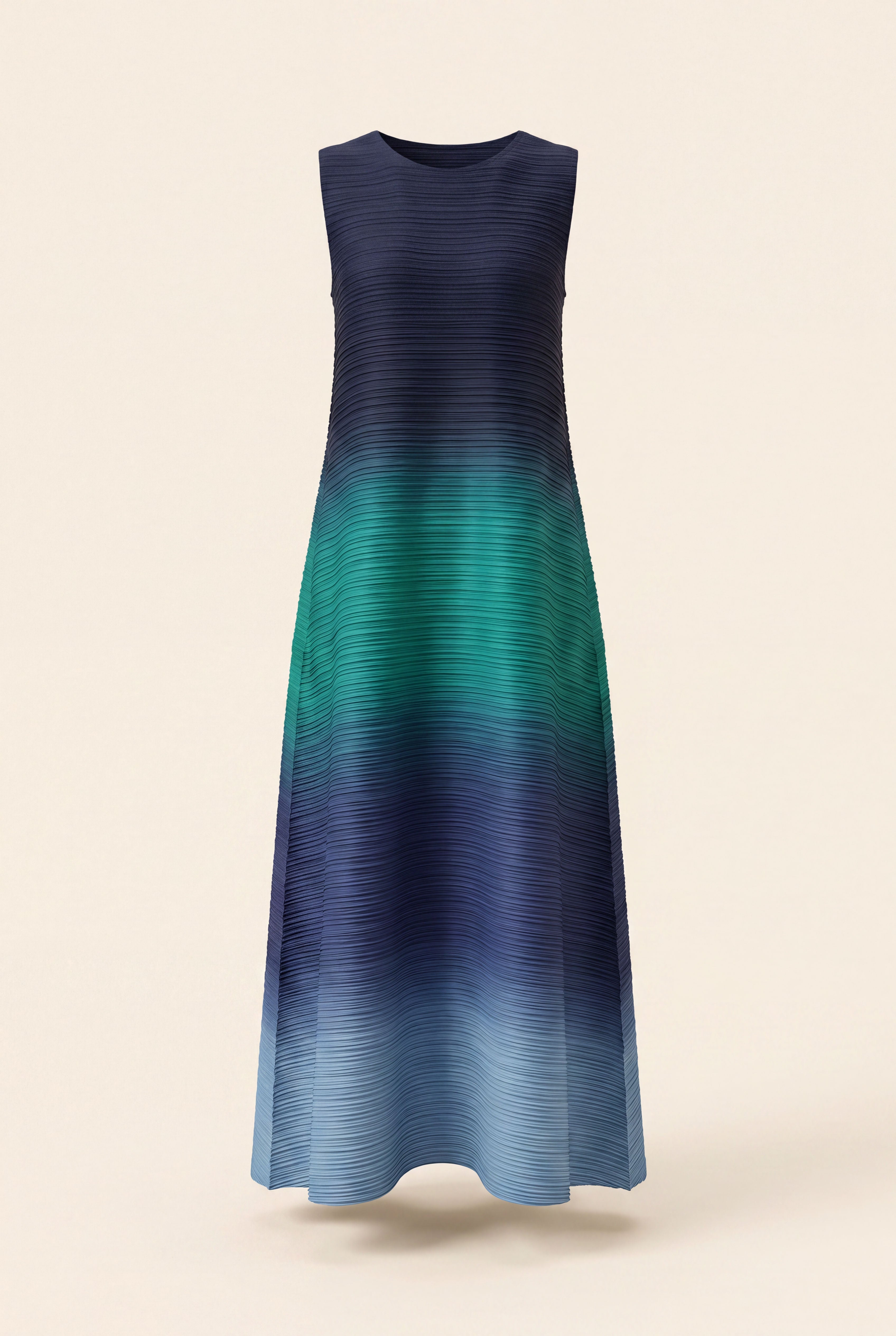 Aster Dress in Navy, a sleeveless maxi pleated stretch bouncy dress from By Mikaye