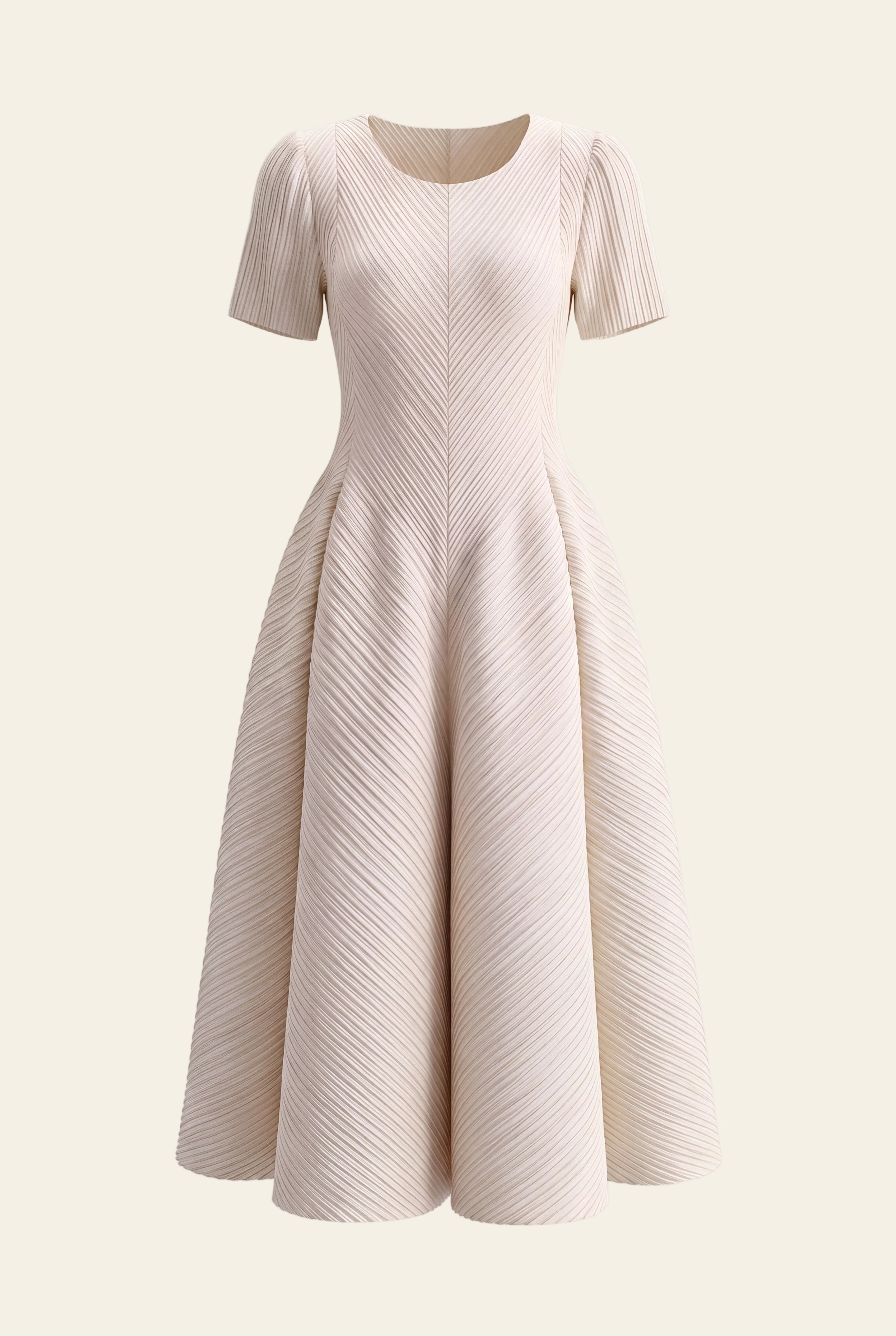 Bloom Dress in Cream, a short sleeve maxi pleated stretch bouncy dress from By Mikaye