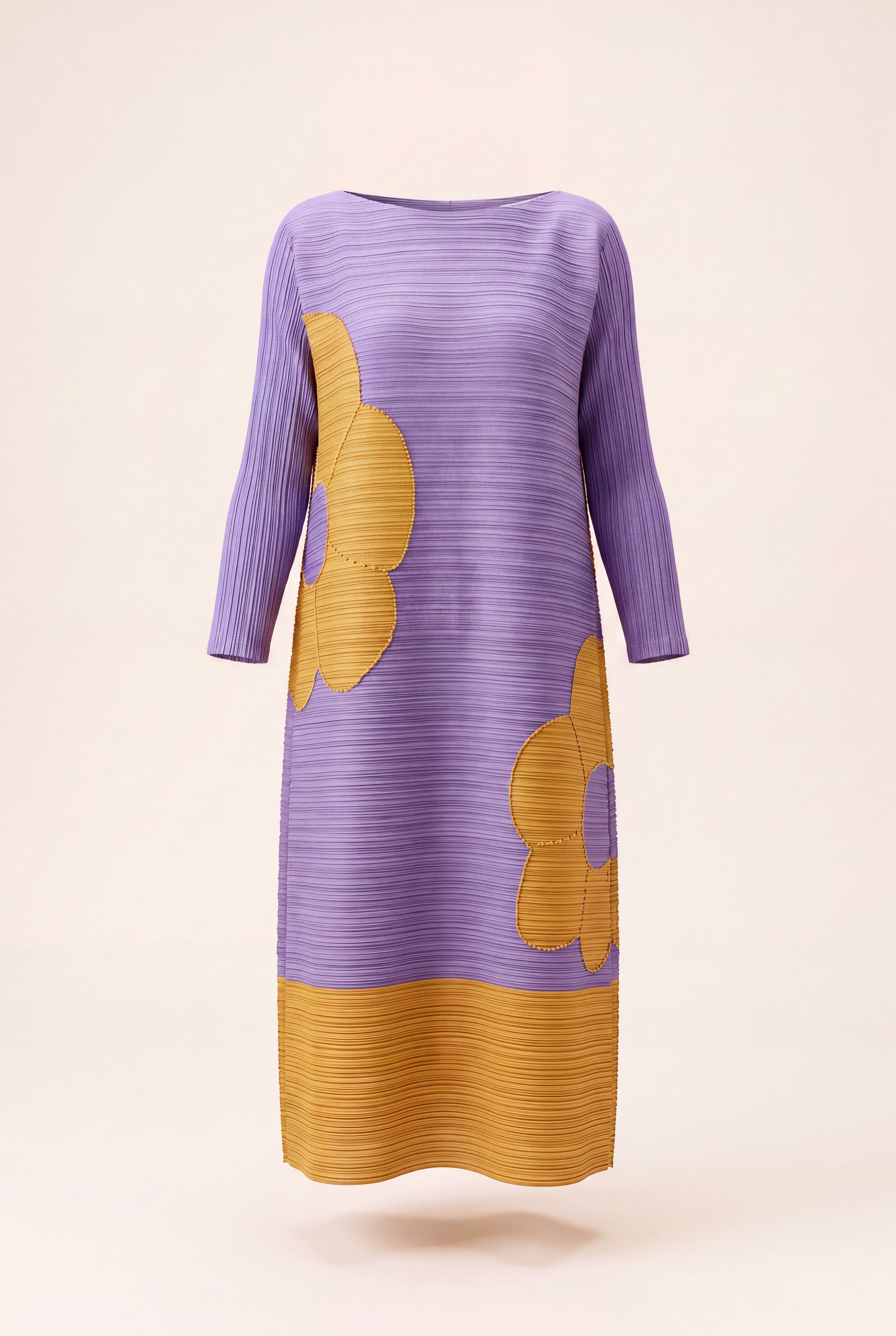 Janna Dress in Lilac Gold, a three quarter sleeve midi pleated stretch bouncy dress from By Mikaye
