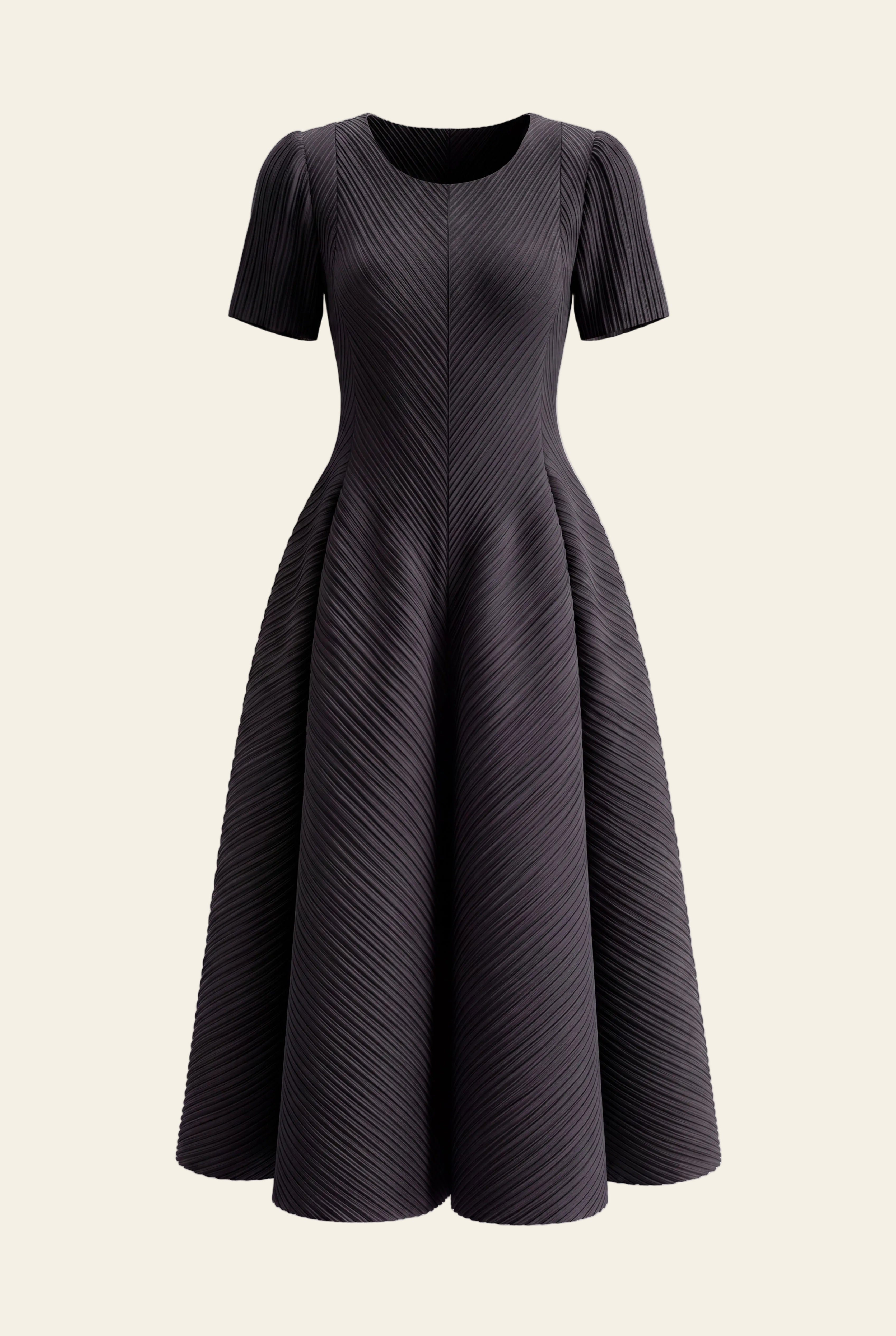 Bloom Dress in Black, a short sleeve maxi pleated stretch bouncy dress from By Mikaye
