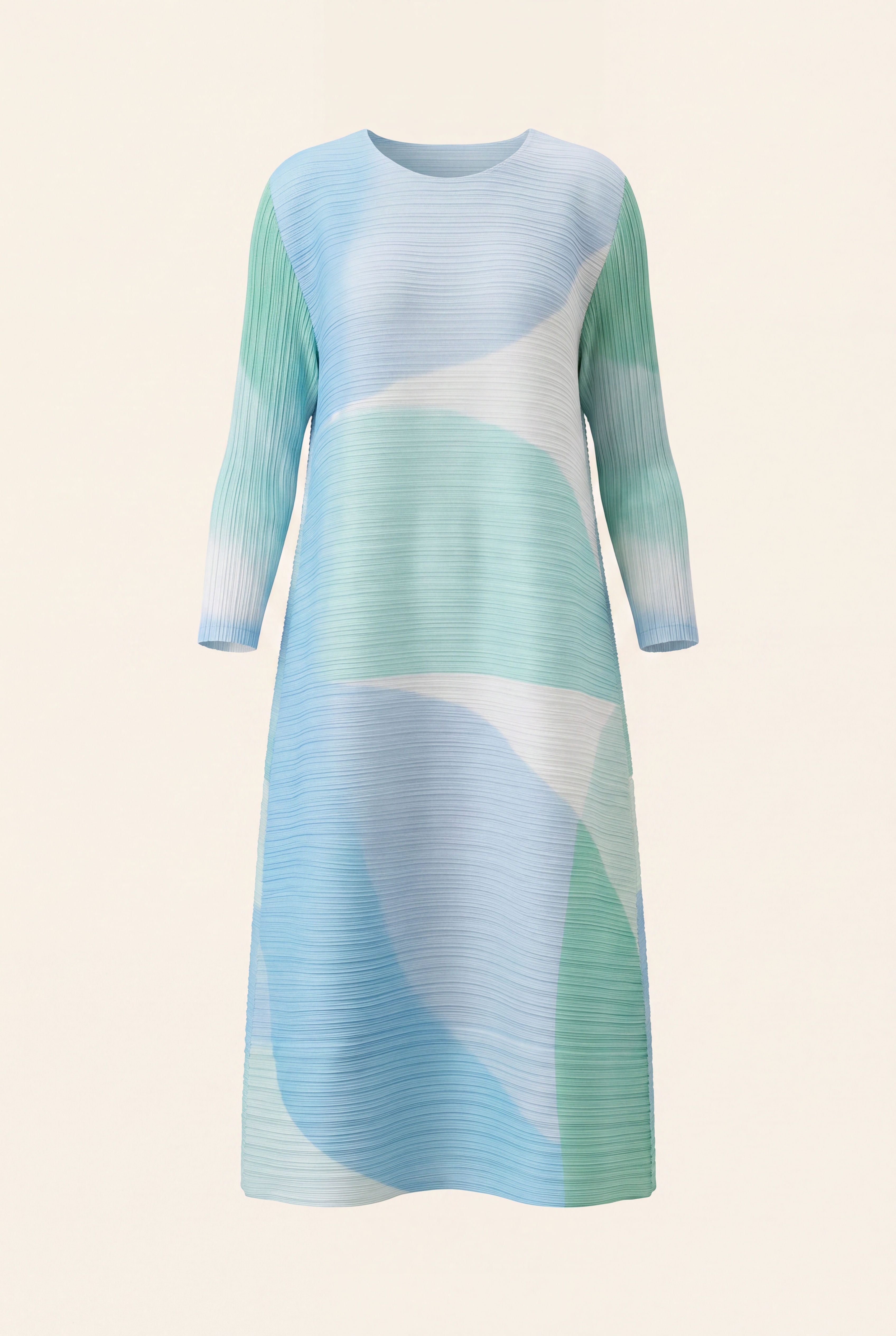 Peri Dress in Aqua, a three quarter sleeve midi pleated stretch bouncy dress from By Mikaye
