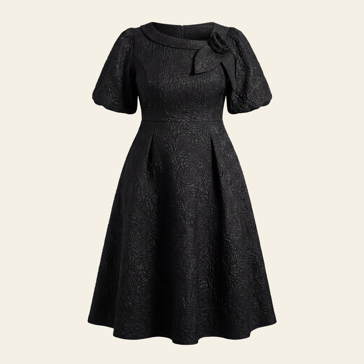 Black Jacquard Rose Midi Dress